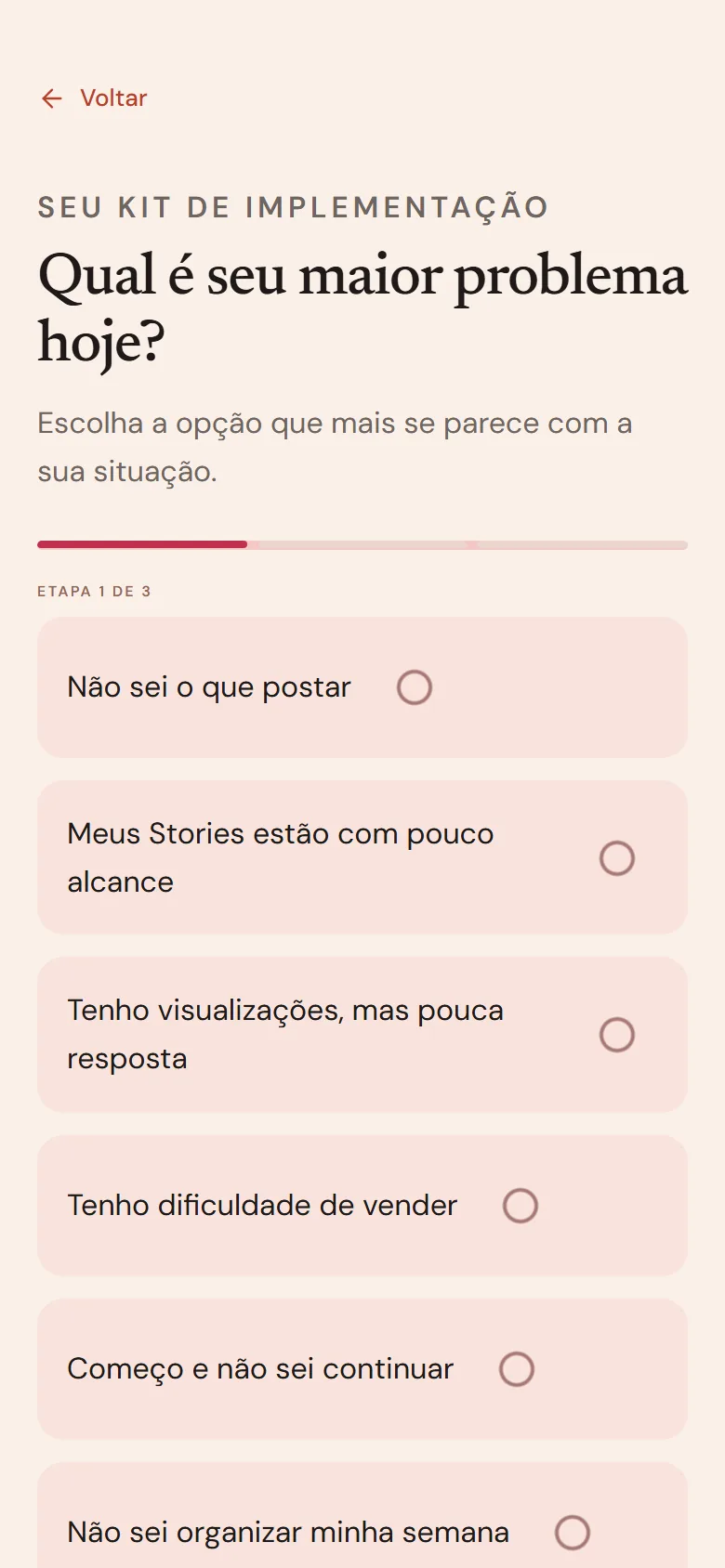 Tela Escolha meu caminho: qual é seu maior problema hoje?
