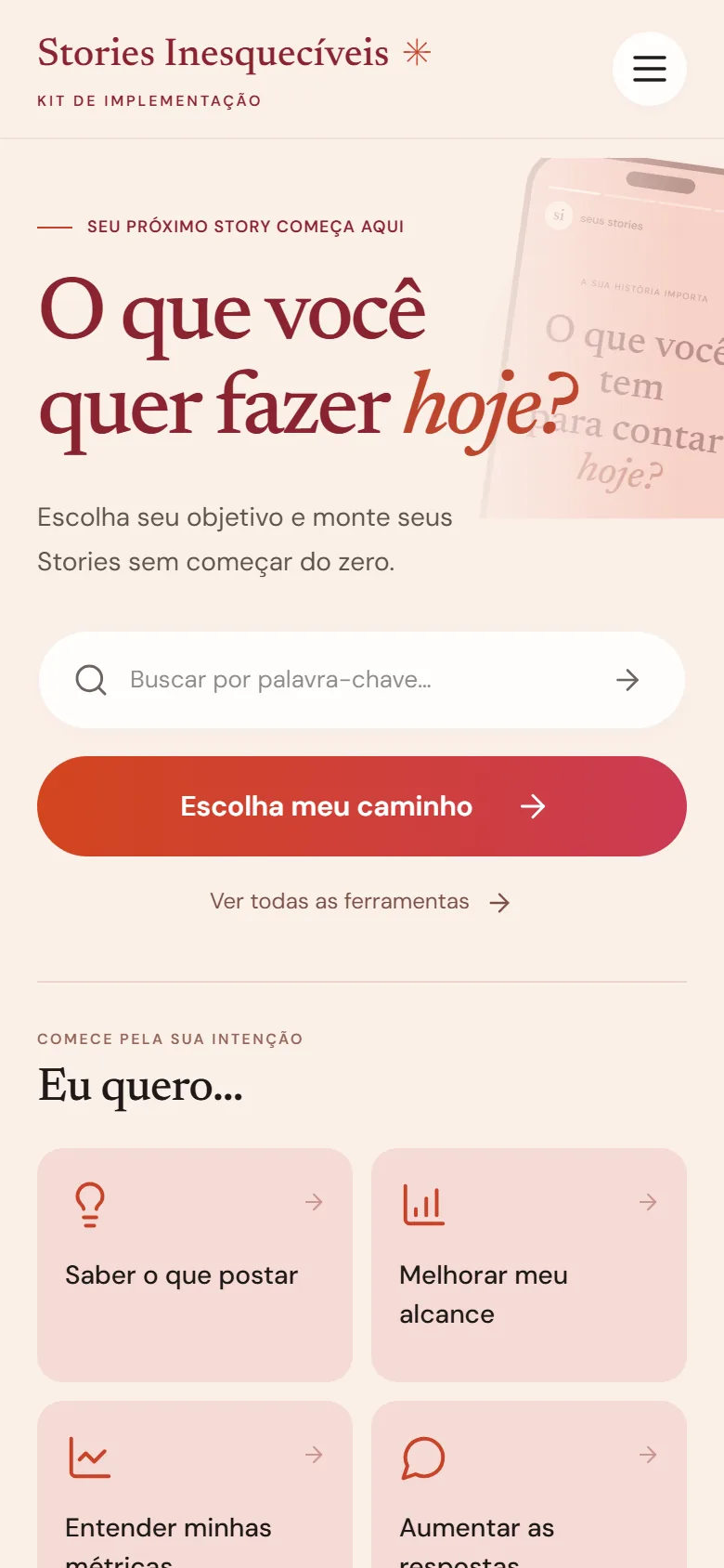 Tela inicial do app Stories Inesquecíveis, com a pergunta: O que você quer fazer hoje?